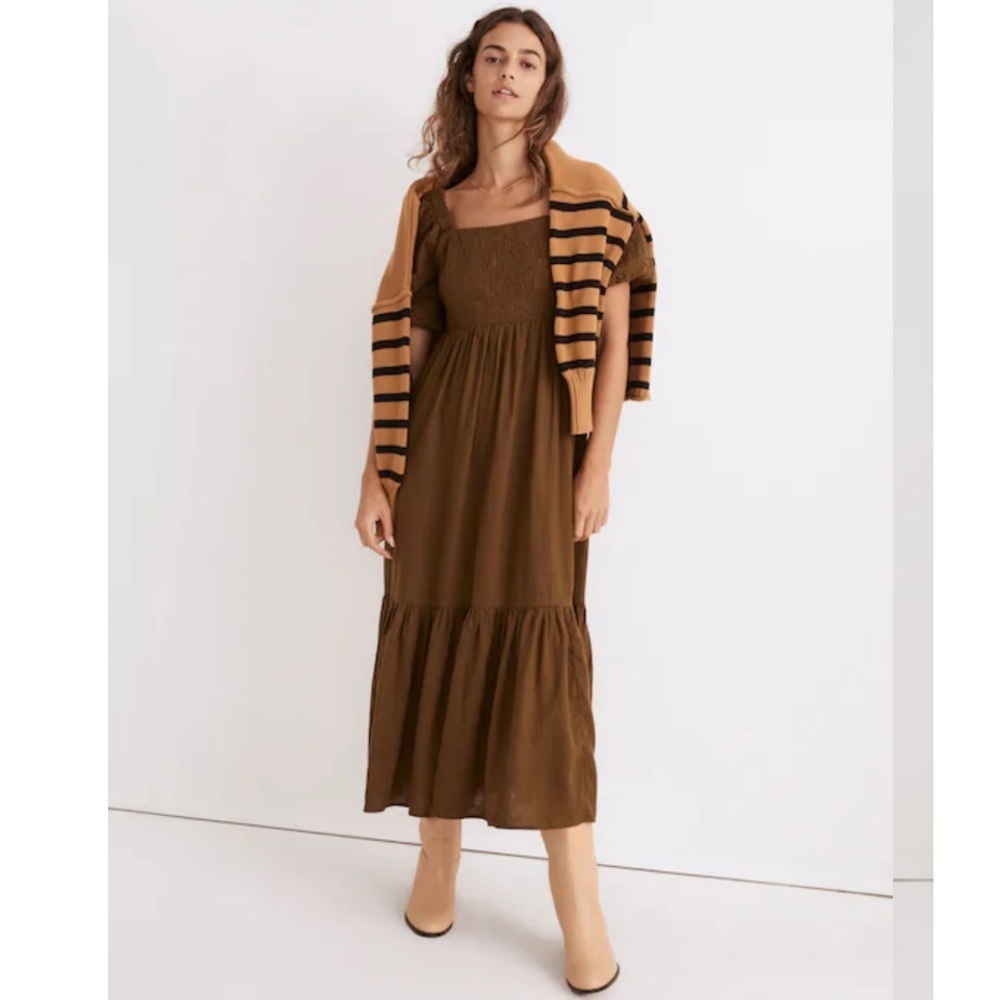 MADEWELL Tiered Midi Dress Golden Spinach Size 16 Olive Green Hemp Blend